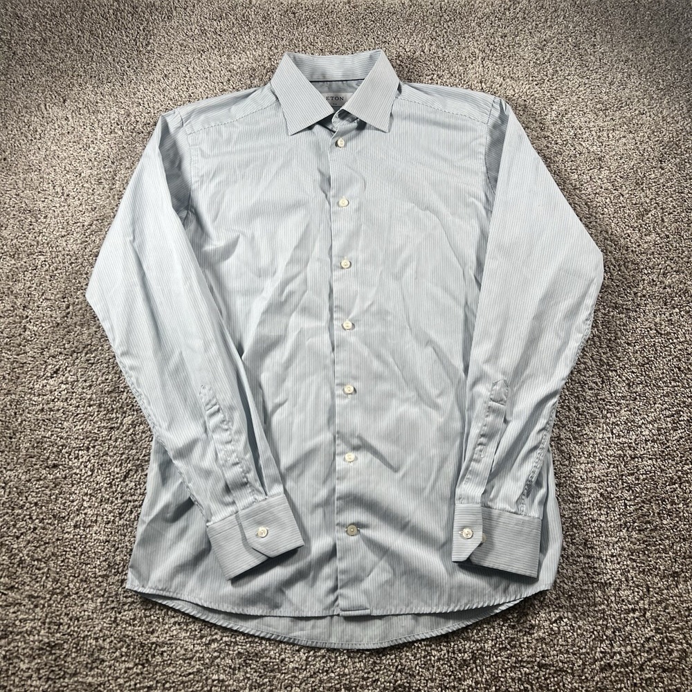 ETON Shirt Men Large 42-16.5 Blue Striped Casual Slim Preppy Long Sleeve Classic